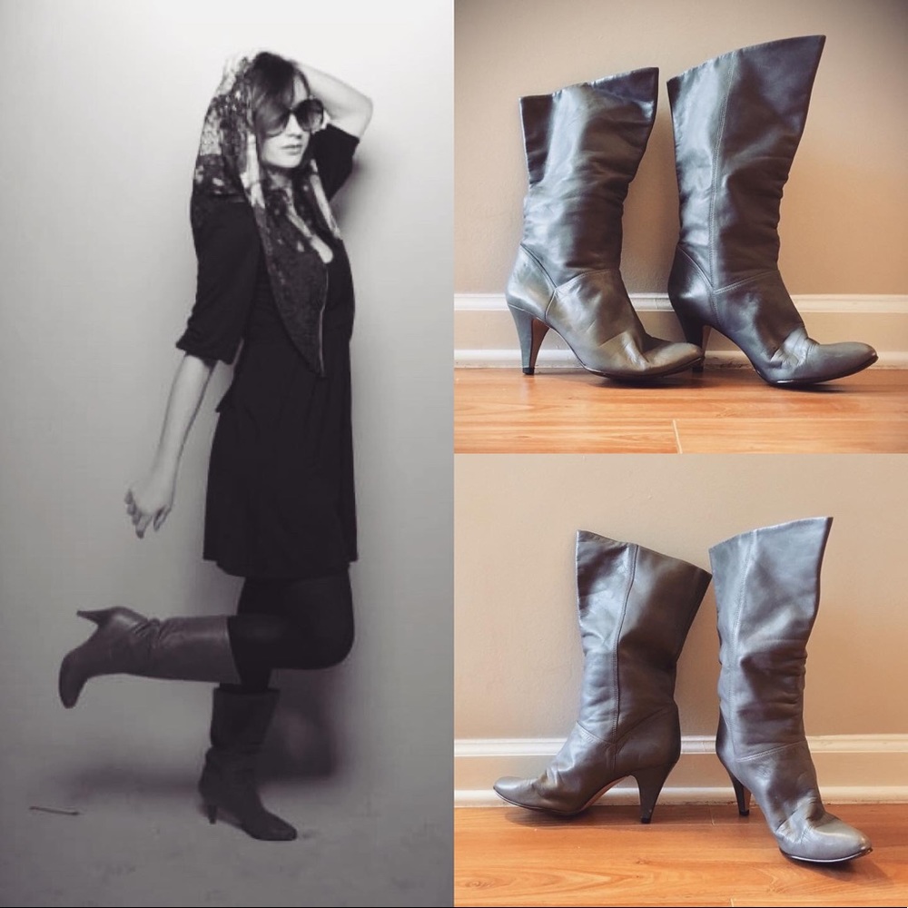 Vintage 80s grey leather high heel boots 7.5 8
